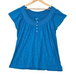 Eddie Bauer Womens XXL Teal Blue Smocked Button Short Flutter Sleeve Blouse Top